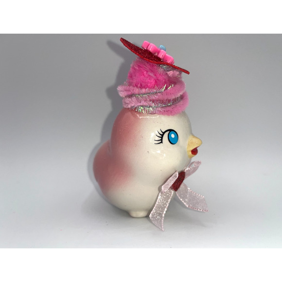 Vintage Pink Ceramic Bird Valentines Day Pink Flower Princess Heart Hat OMG OOAK - Picture 8 of 16